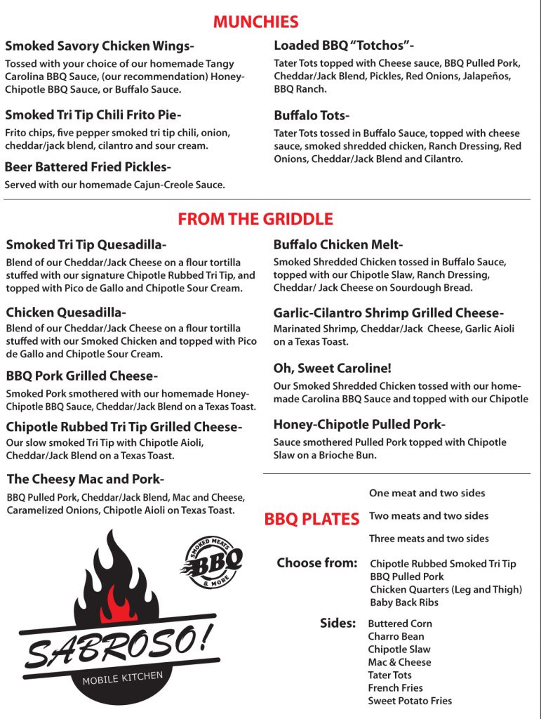 Street Menu SABROSO MOBILE KITCHEN ORANGE COUNTY, CALIFORNIA